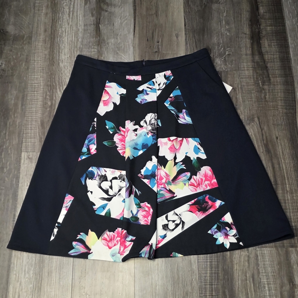 Ellen Tracy Floral Panel A-Line Pleated Skirt